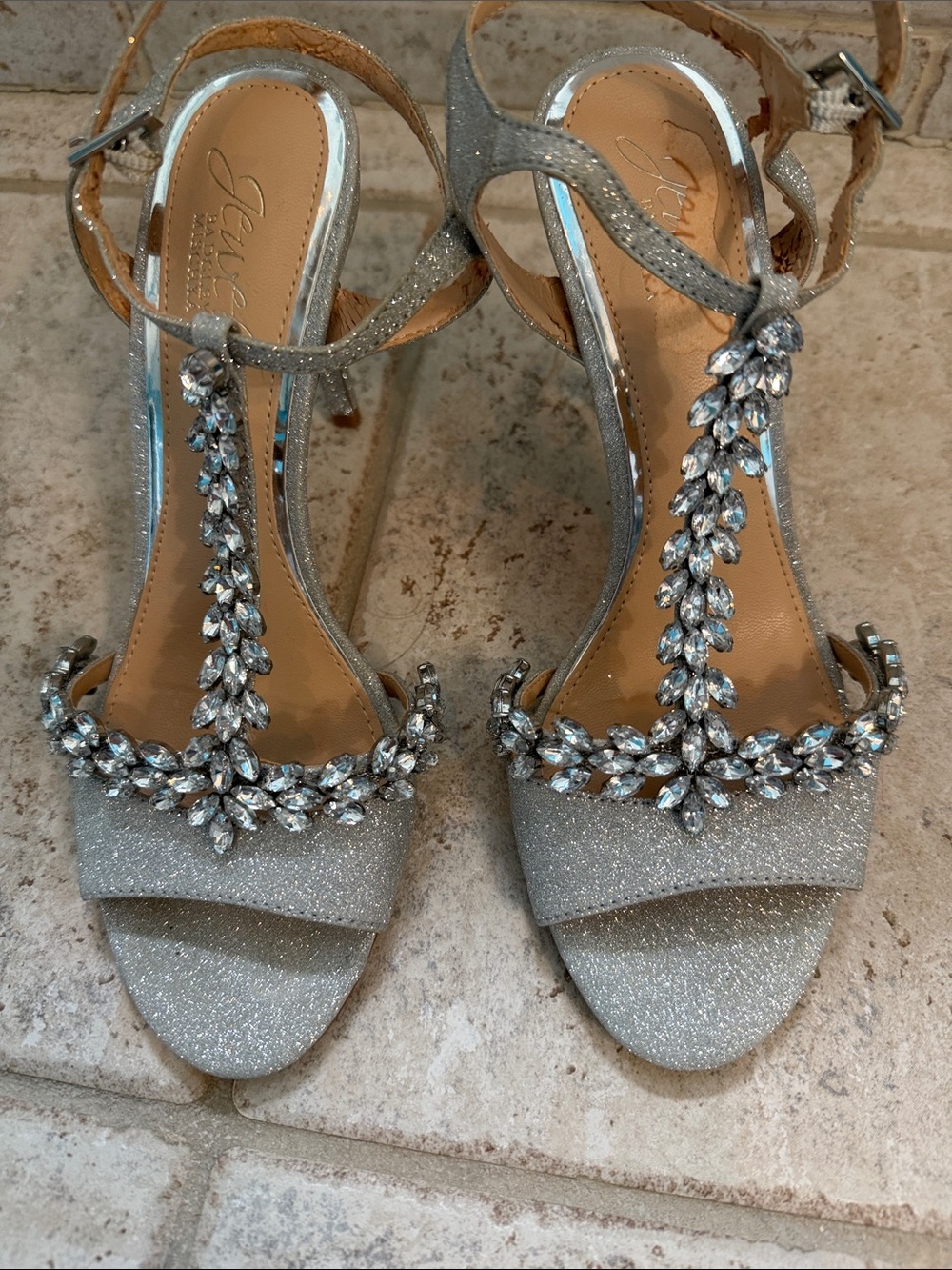 Badgley Mischka Silver Jeweled T-Strap Heels